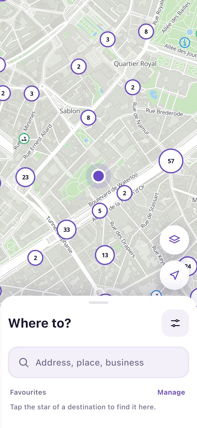 Home screen: shared vehicles around you on the map, and a “Where to?” search.