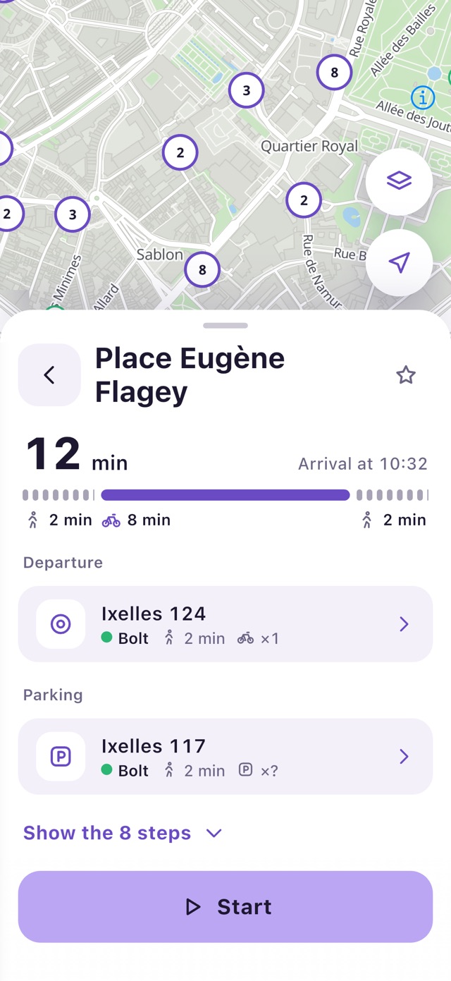 Trip preview: 12 min to Place Eugène Flagey, with the departure and the parking spot already chosen.
